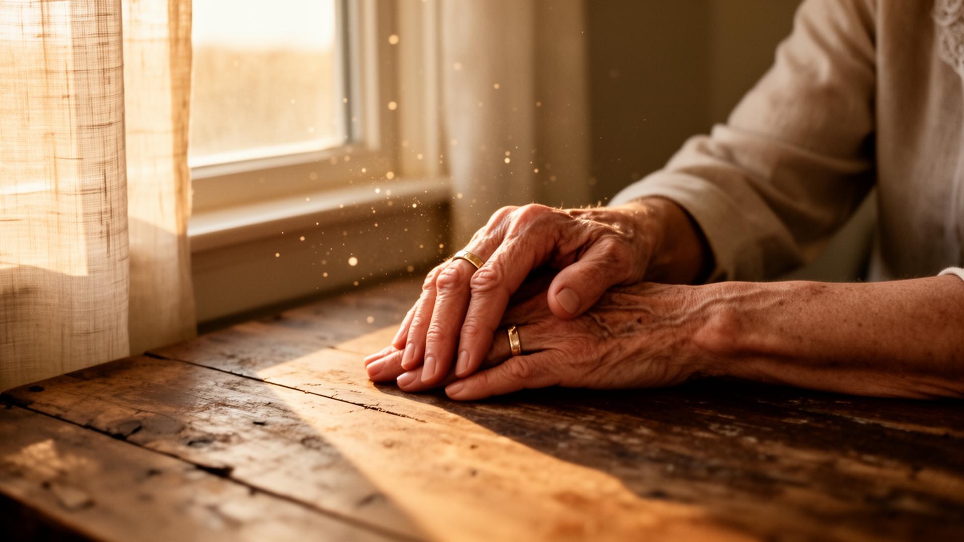 Two hands resting together by a sunlit window